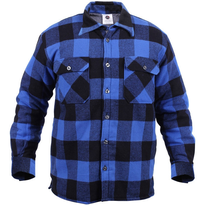 Blue & Black Buffalo Plaid Flannel Jacket, Thick Insulated Button Up Shirt - Sherpa Lined