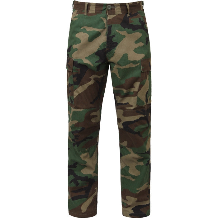 Woodland Camouflage - Tactical BDU Pants Cargo Fatigues - 100% Cotton Rip-Stop - Button Fly