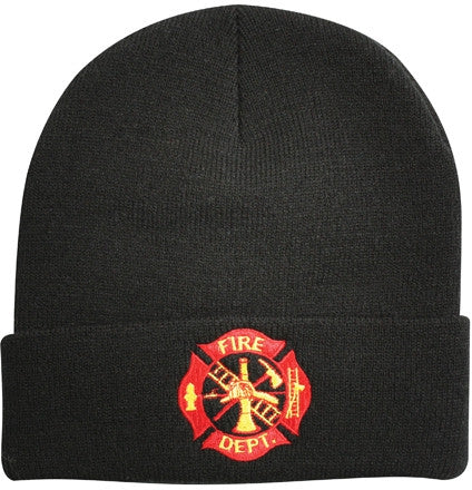 Black - FIRE DEPT Embroidered Logo Emblem Beanie Watch Cap Winter Hat for Firefighters