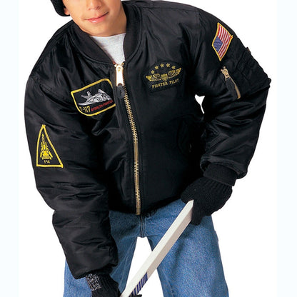 Black - Air Force MA-1 Bomber Flight Jacket with Top Gun Patches - Kid's