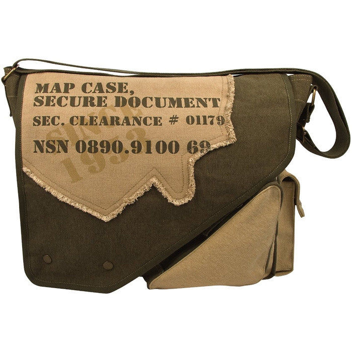Olive Drab  Tan - Vintage 2-Tone Imprinted Map Case Messenger Bag