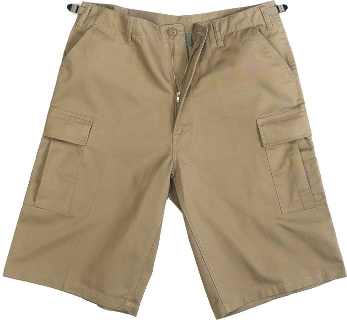 Khaki - Tactical Cargo Extra Long BDU Shorts - Polyester Cotton Twill - Zipper Fly