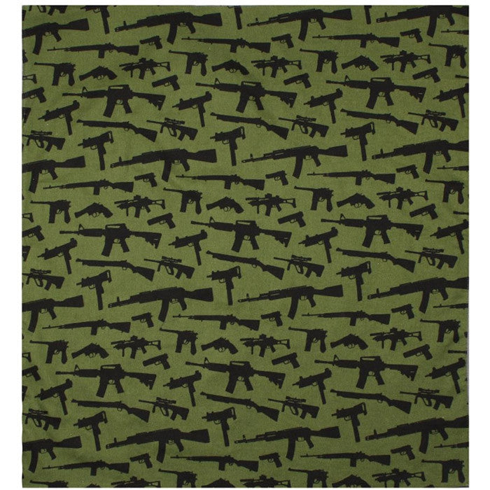 Olive Drab - Guns & Rifles Pattern Bandana, 100% Cotton, 22" x 22"