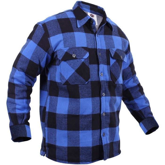 Blue & Black Buffalo Plaid Flannel Jacket, Thick Insulated Button Up Shirt - Sherpa Lined