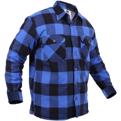 Blue & Black Buffalo Plaid Flannel Jacket, Thick Insulated Button Up Shirt - Sherpa Lined
