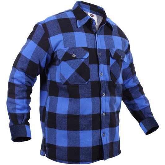 Blue & Black Buffalo Plaid Flannel Jacket, Thick Insulated Button Up Shirt - Sherpa Lined
